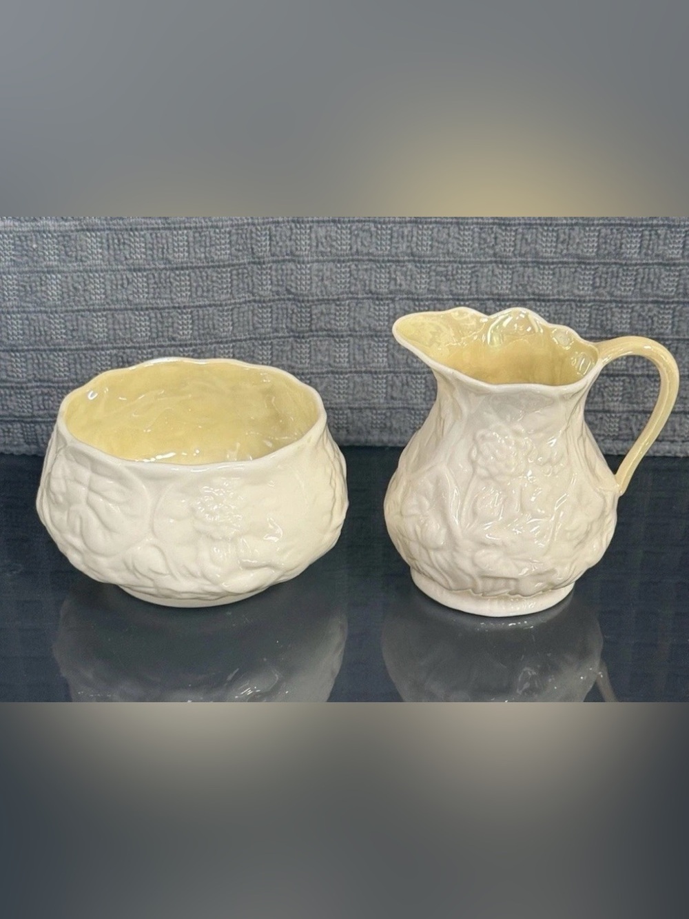 MCM Belleek White Lotus China Creamer 8
Sugar Set Glossy Model 0857 Green Mark